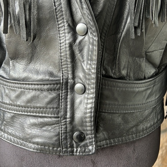 GIII Black Leather Fringe Moto Jacket Size‎ Large - Picture 3 of 16
